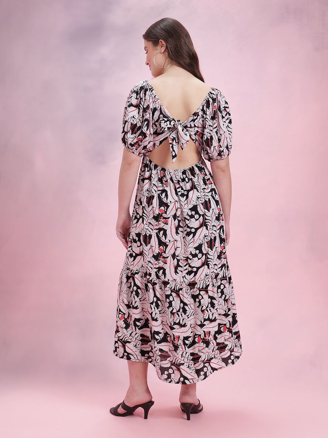 DressBerry Floral Print Puff Sleeve A-Line Midi Dress