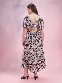DressBerry Floral Print Puff Sleeve A-Line Midi Dress