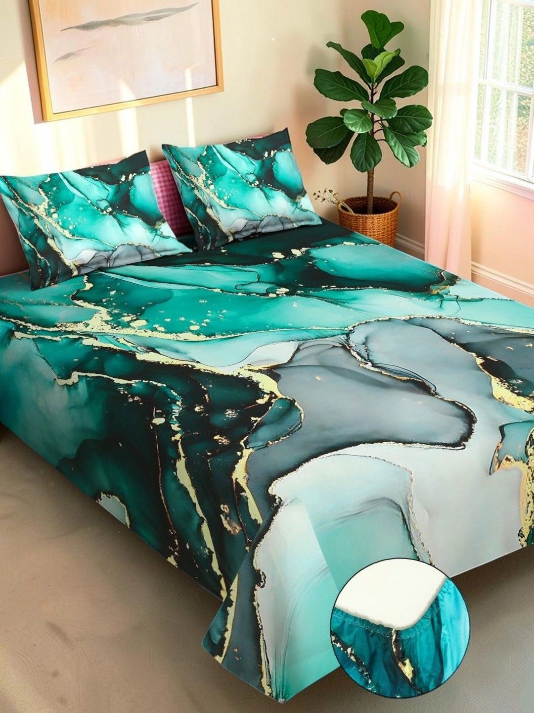 Moda Rapido X KLOTTHE Green & Gold-Toned 400 TC King Bedsheet with 2 Pillow Covers