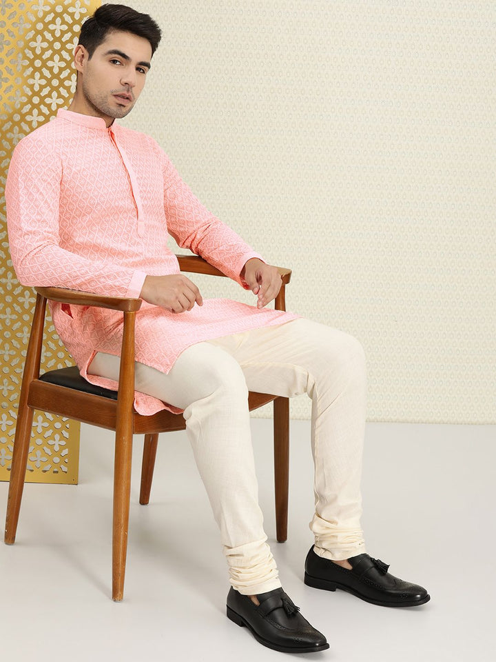House of Pataudi Men Pink Authentic Hand Embroidered Chikankari Kurta