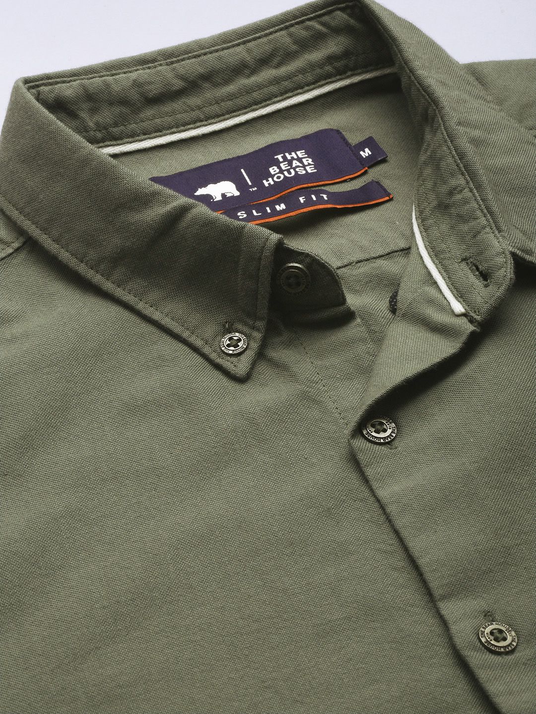 THE BEAR HOUSE Men Olive Green Solid Slim Fit Cotton Casual Shirt