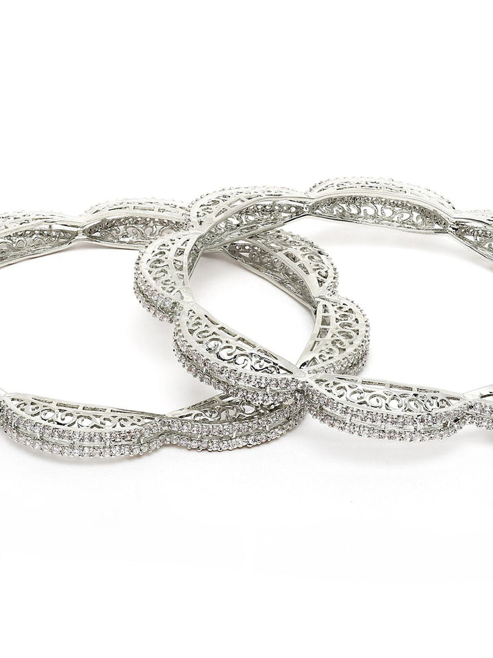 KARATCART Set Of 2 Silver-Plated & White AD-Studded Bangles