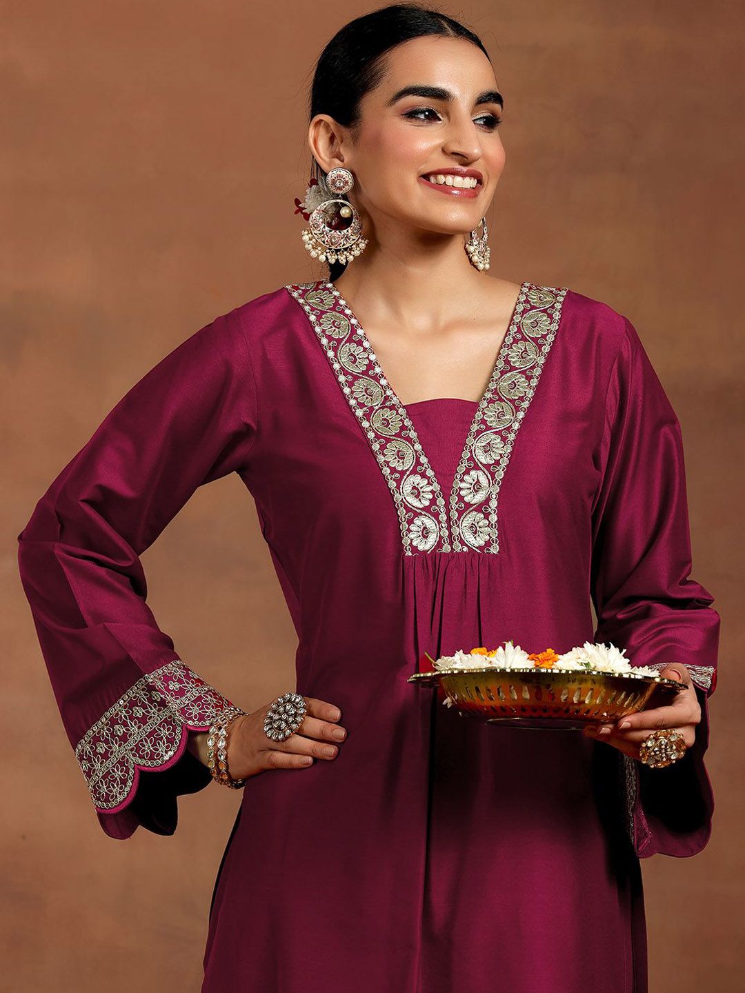 Gerua By Libas Women Floral Yoke Design Pleated Kurta with Trousers