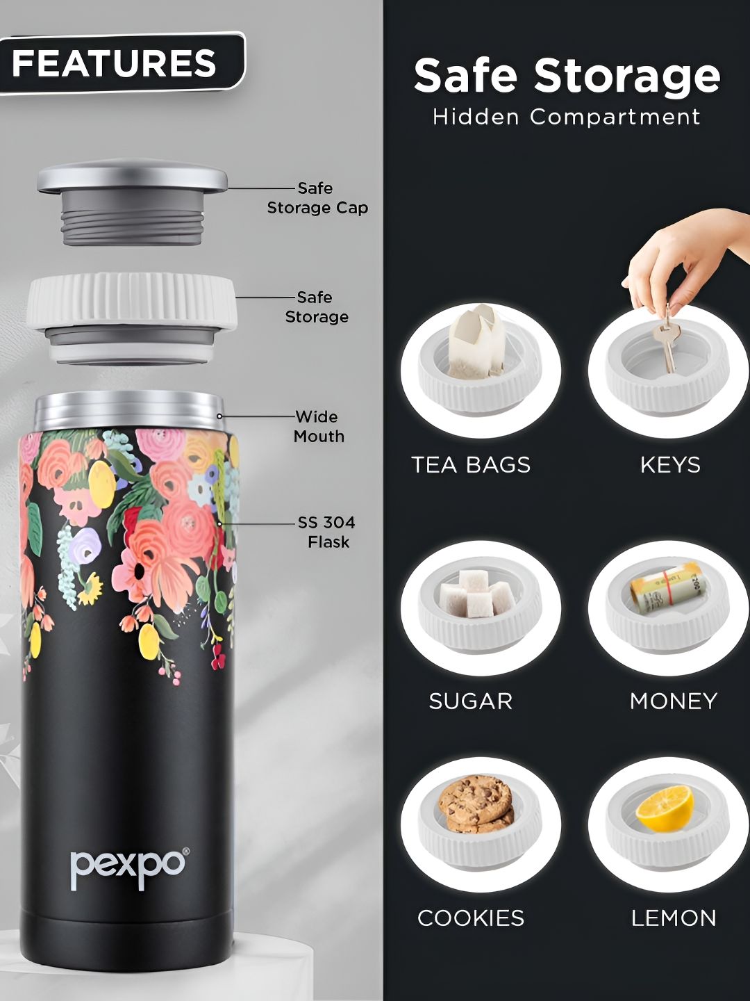 Pexpo Black & Pink Floral Printed Stainless Steel Double Wall Vacuum Water Bottle 430ml