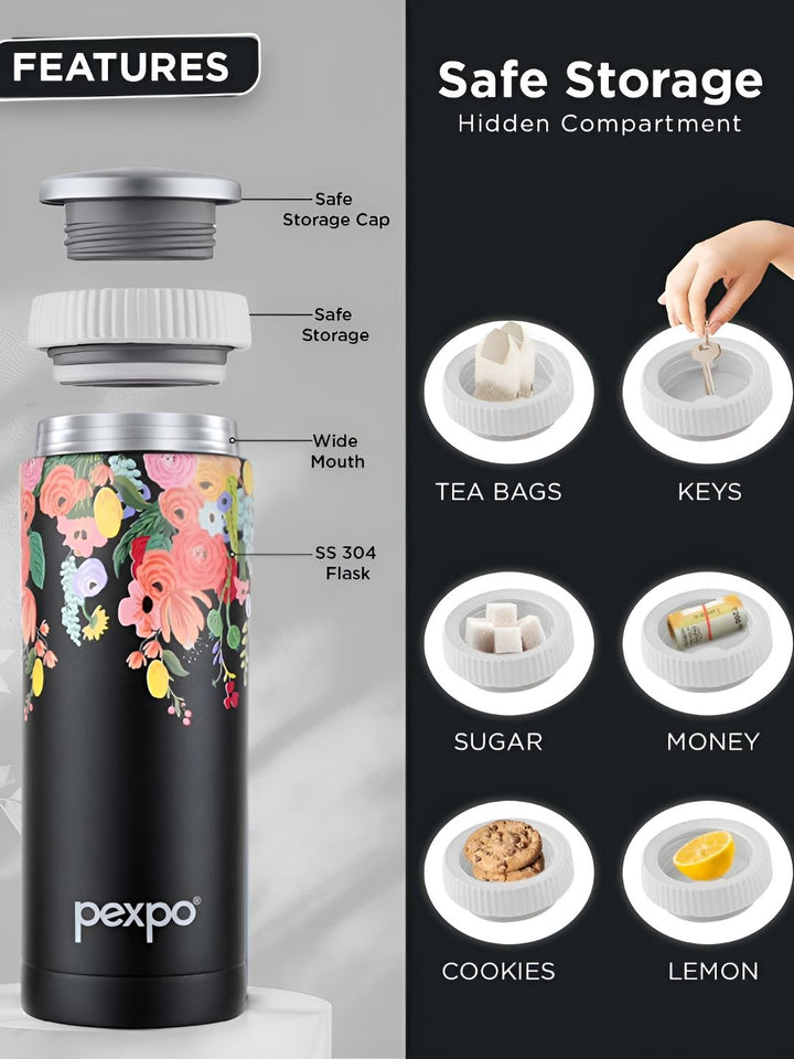 Pexpo Black & Pink Floral Printed Stainless Steel Double Wall Vacuum Water Bottle 430ml