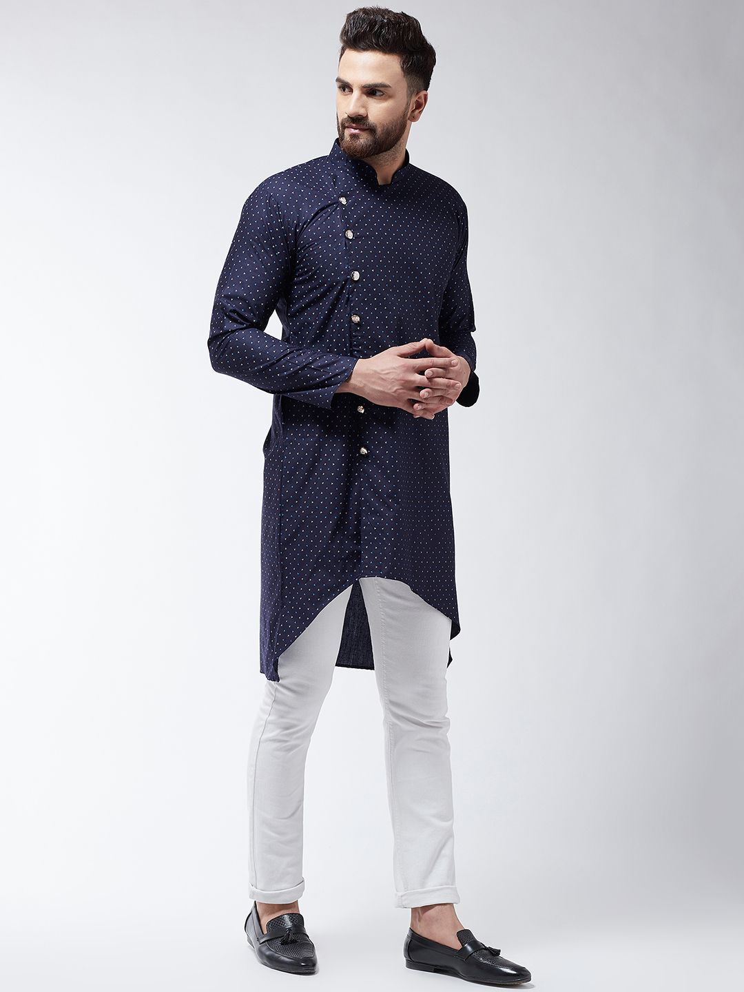 SOJANYA Lelaki Navy Blue Printed Cotton Linen Kurta Lurus