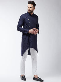 SOJANYA Lelaki Navy Blue Printed Cotton Linen Kurta Lurus