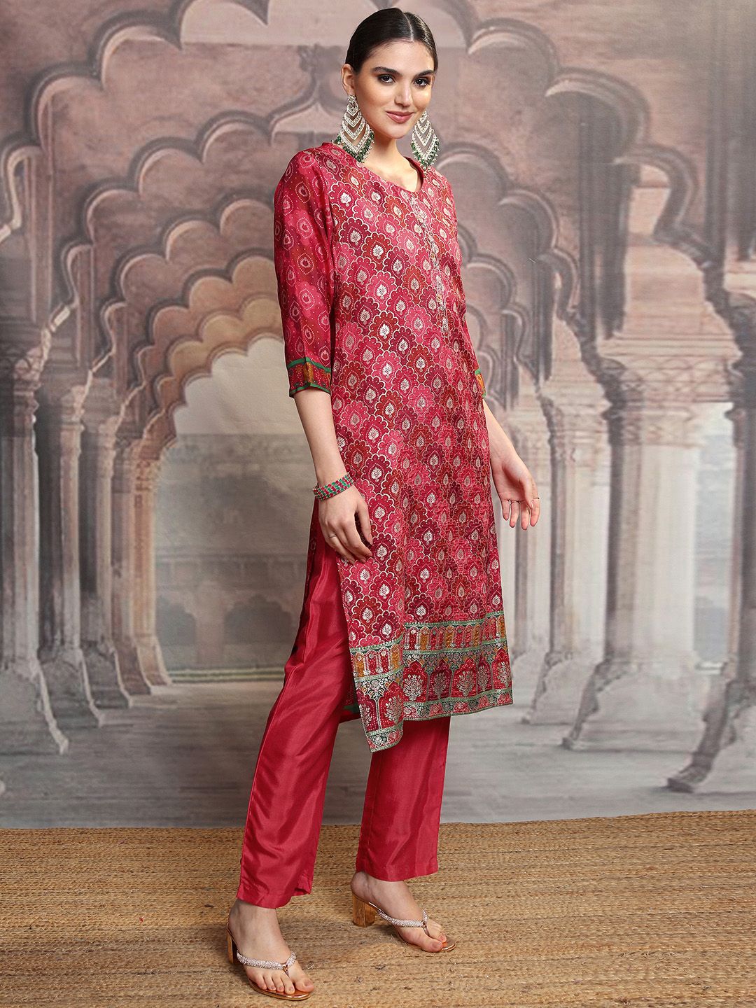 Vishudh Red Ethnic Motifs Printed Straight Kurta With Trousers & Dupatta