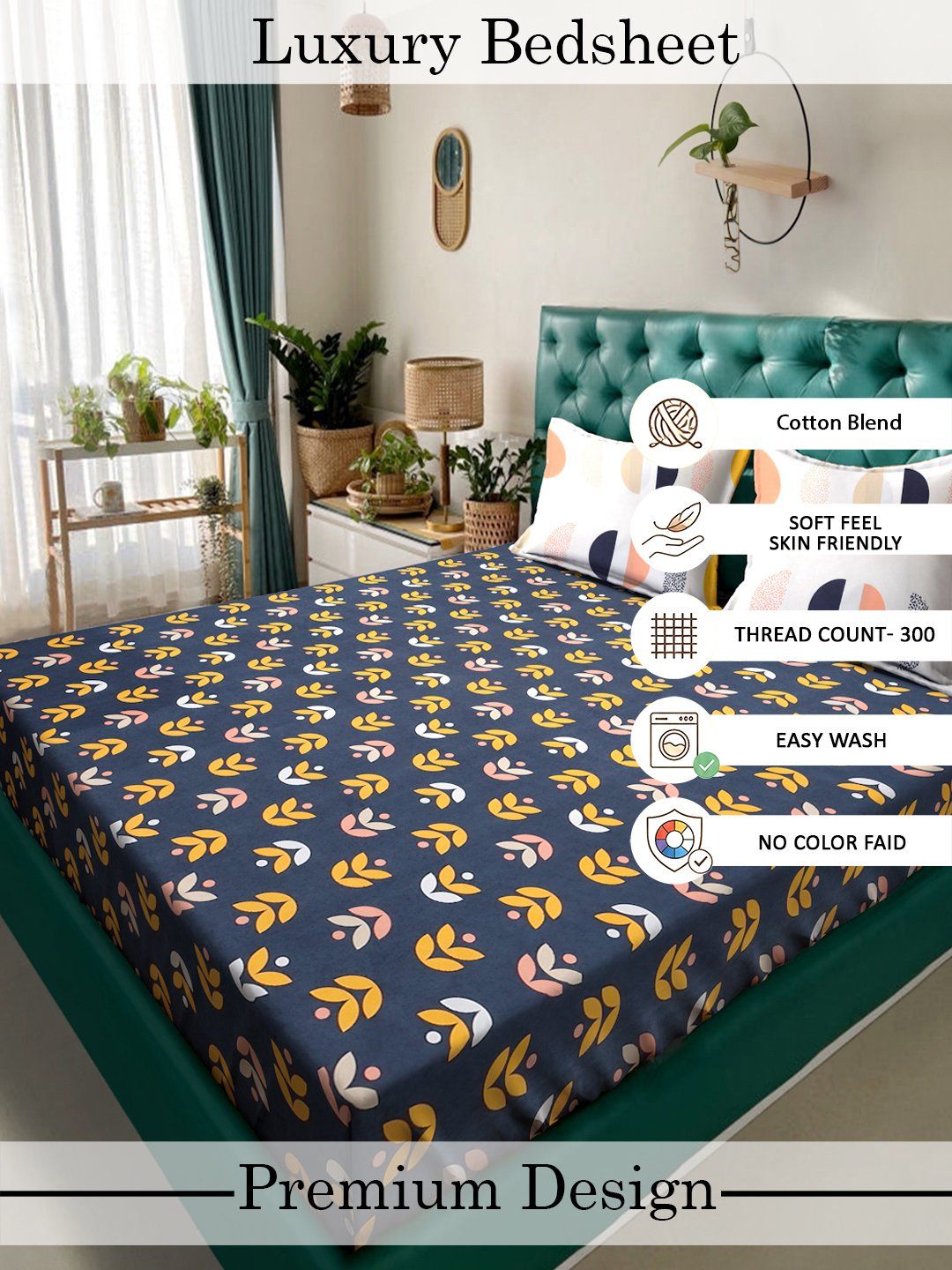 Myntra Elegant Homes Blue & Yellow Floral 300 TC King Bedsheet with 2 Pillow Covers
