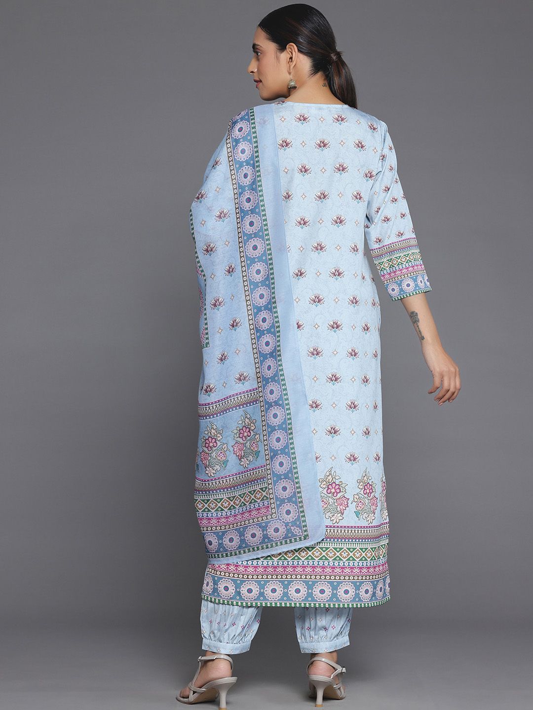 Libas Blue Floral Printed Keyhole Neck Straight Kurta With Salwar & Dupatta