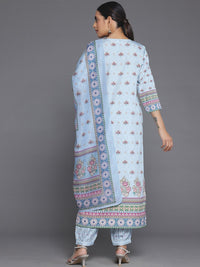 Libas Blue Floral Printed Keyhole Neck Straight Kurta With Salwar & Dupatta