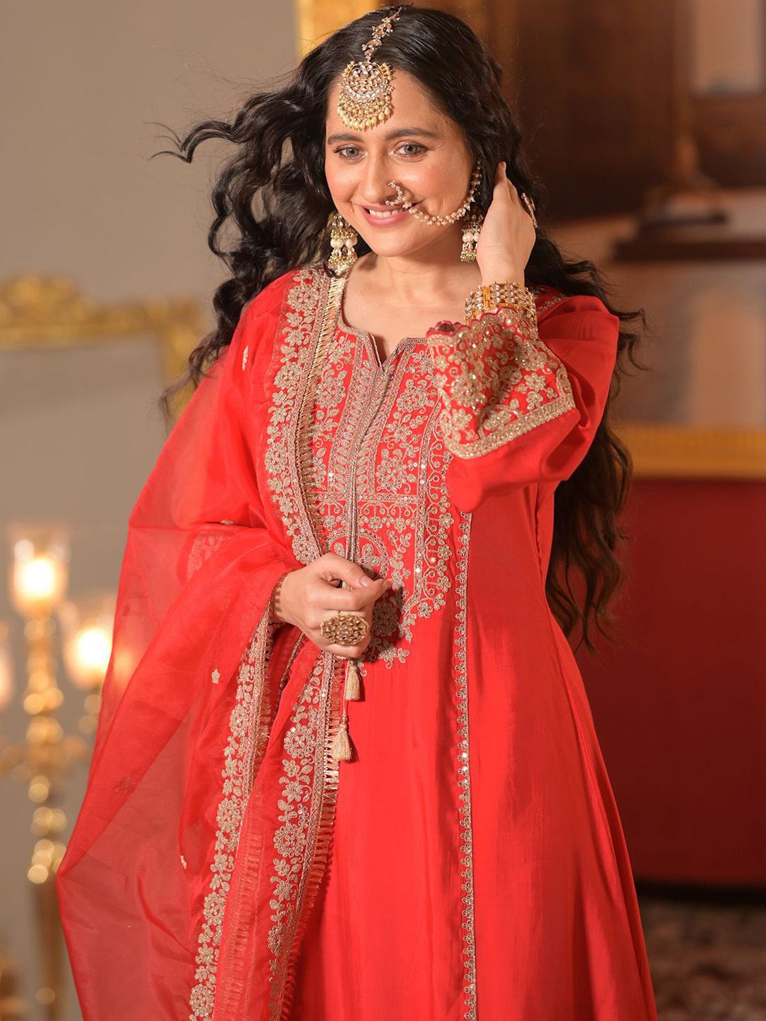 Indo Era Ethnic Motifs Embroidered Zari A-Line Kurta With Trousers & Dupatta