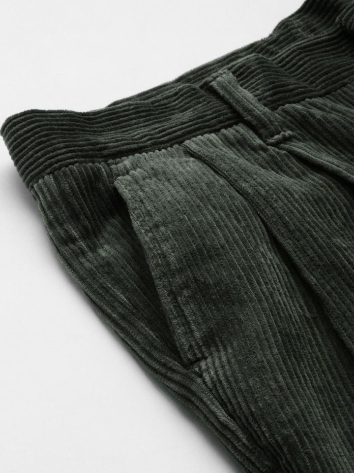 Mr Bowerbird Men Olive Green Tailored Fit Self-Striped Cropped Corduroy Regular Trousers