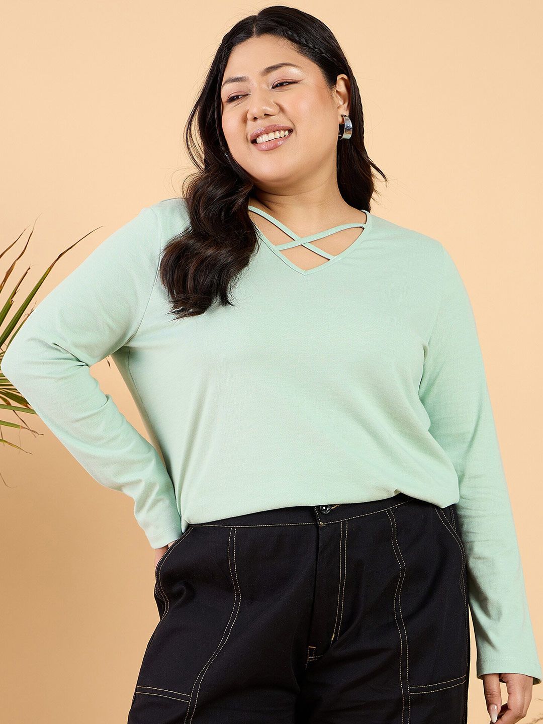 CURVY STREET Plus Size V-Neck Cotton Relaxed Fit T-shirt