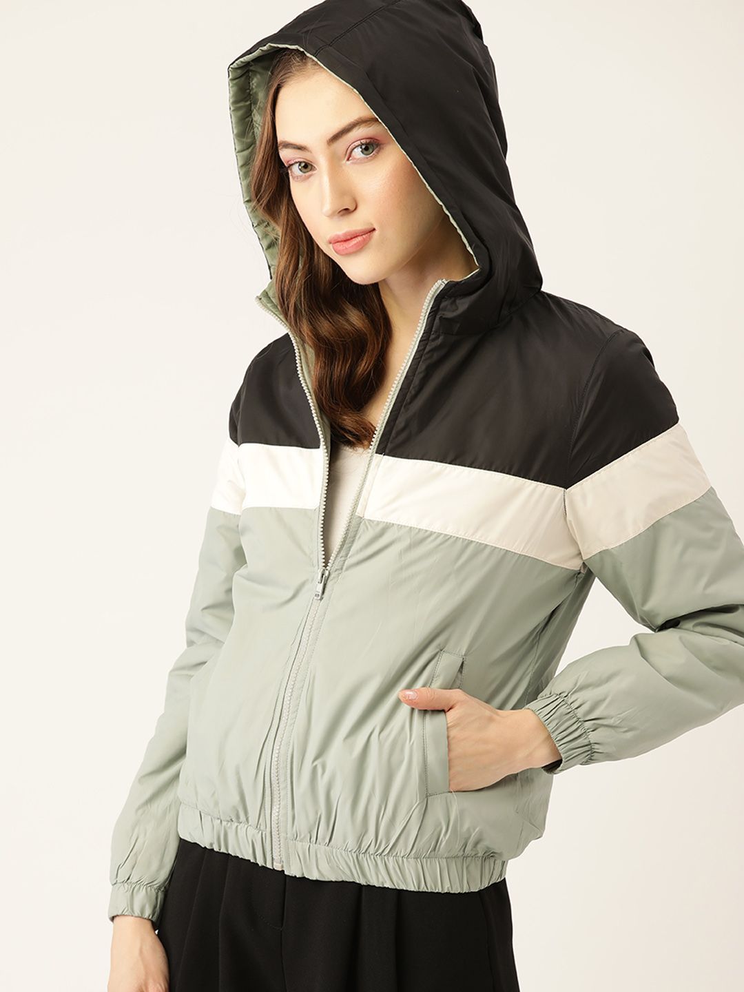 DressBerry Women Green & Black Colourblocked Hooded Bomber Jacket