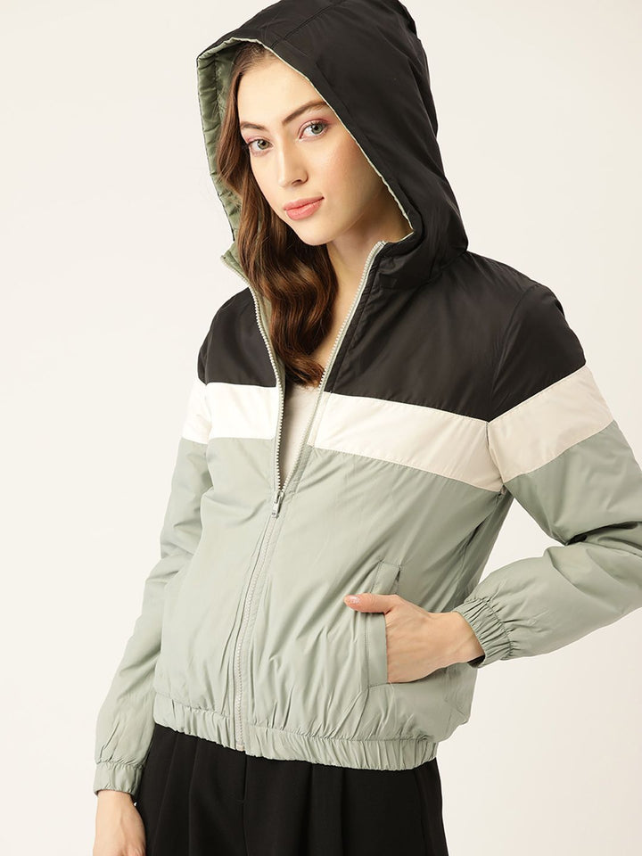 DressBerry Women Green & Black Colourblocked Hooded Bomber Jacket