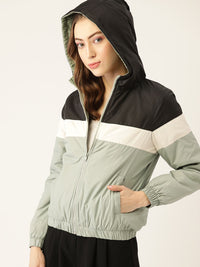 DressBerry Women Green & Black Colourblocked Hooded Bomber Jacket