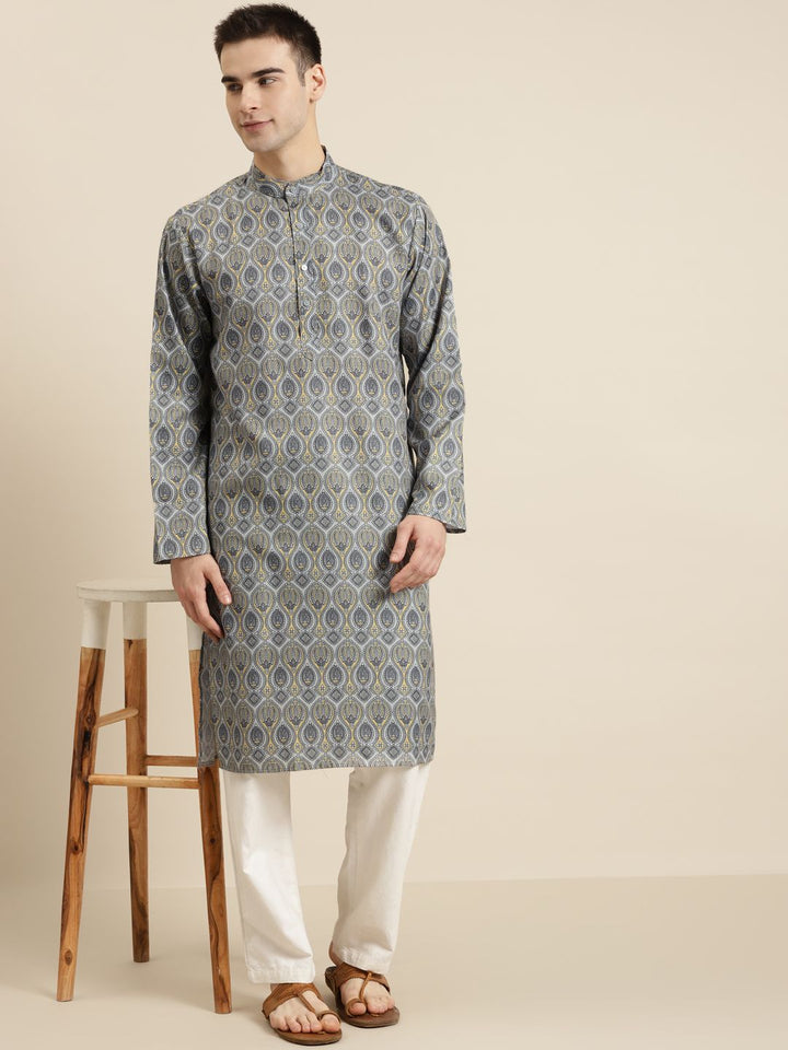 SOJANYA Lelaki Grey & Yellow Pure Cotton Ethnic Motifs Printed Kurta