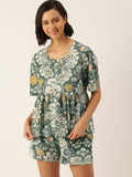 SANSKRUTIHOMES Women White & Green Pure Cotton Printed Shorts Set