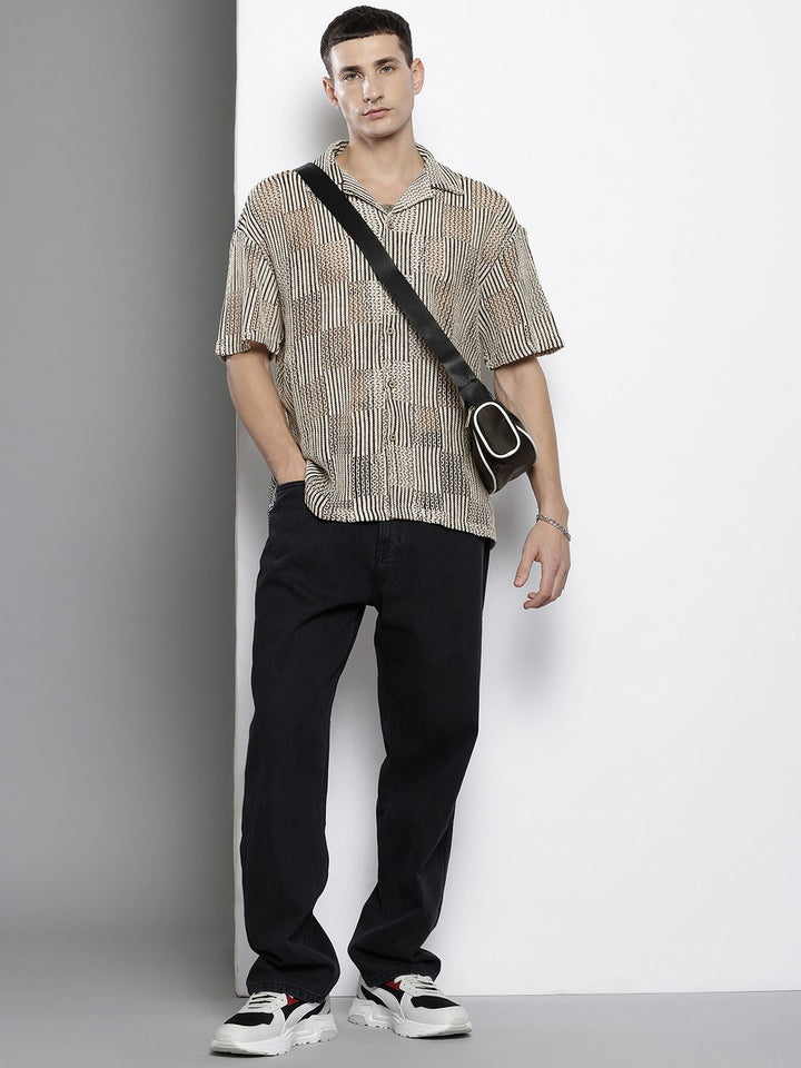 The Indian Garage Co Men Textured Open Weave Knitted Relaxed Fit Shirt