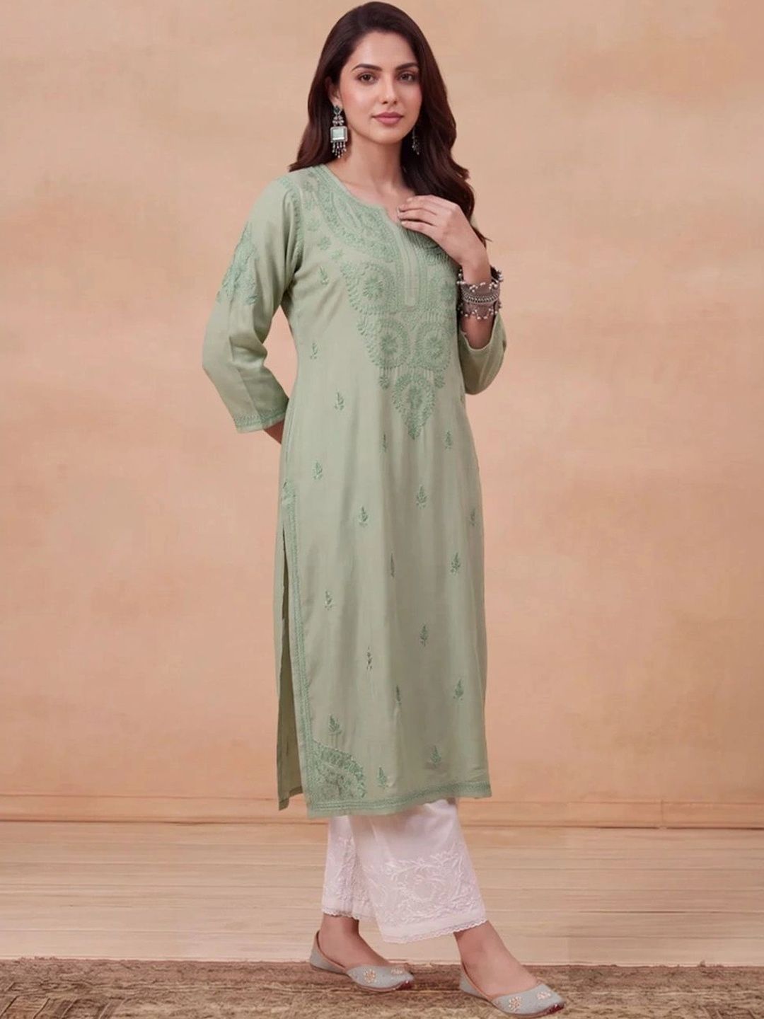Rumah Wanita Chikankari Motif Etnik Sulam Benang Kerja Kurta