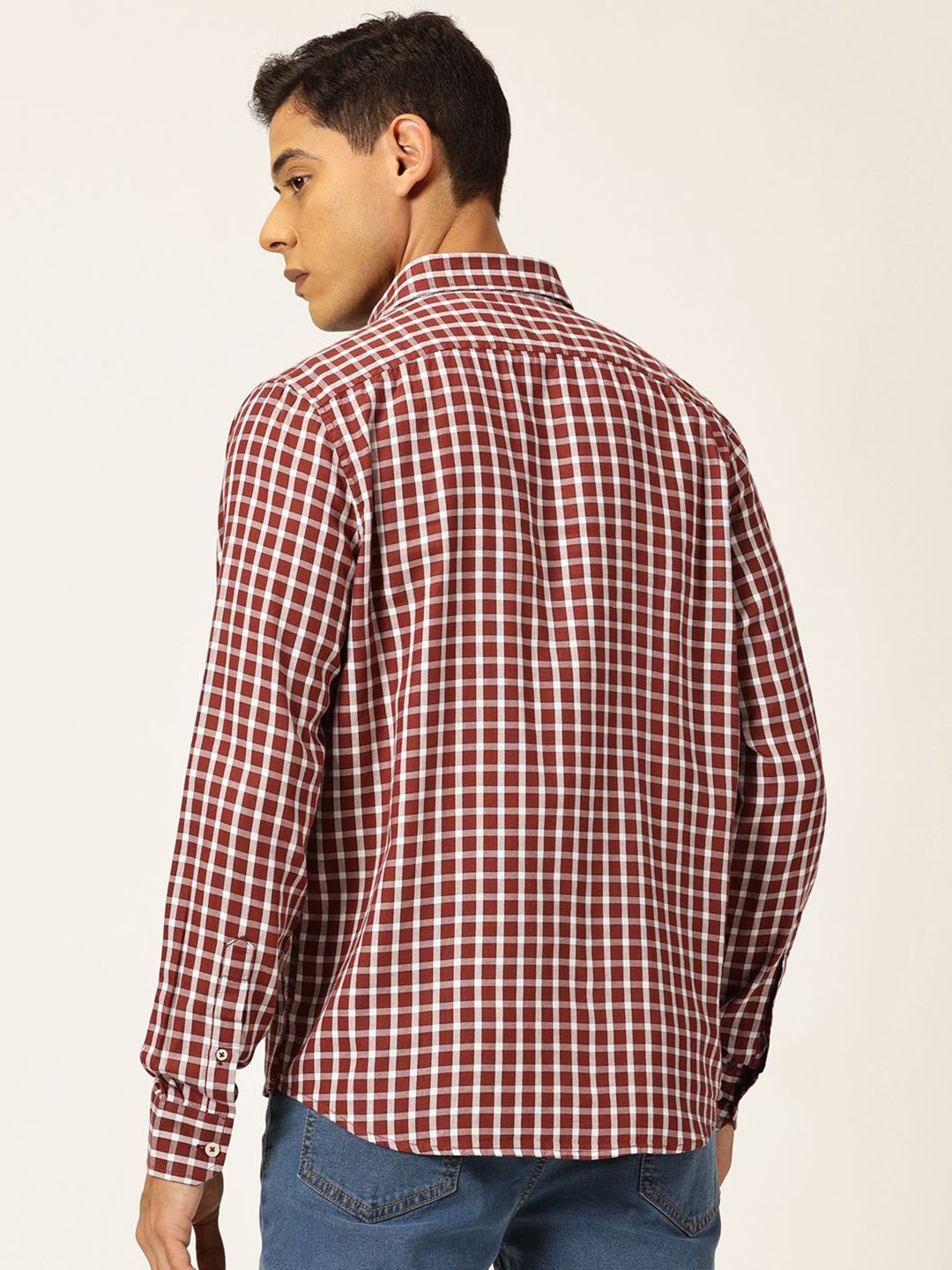 Thomas Scott Men Premium Slim Fit Gingham Checked Spread Collar Casual Shirt
