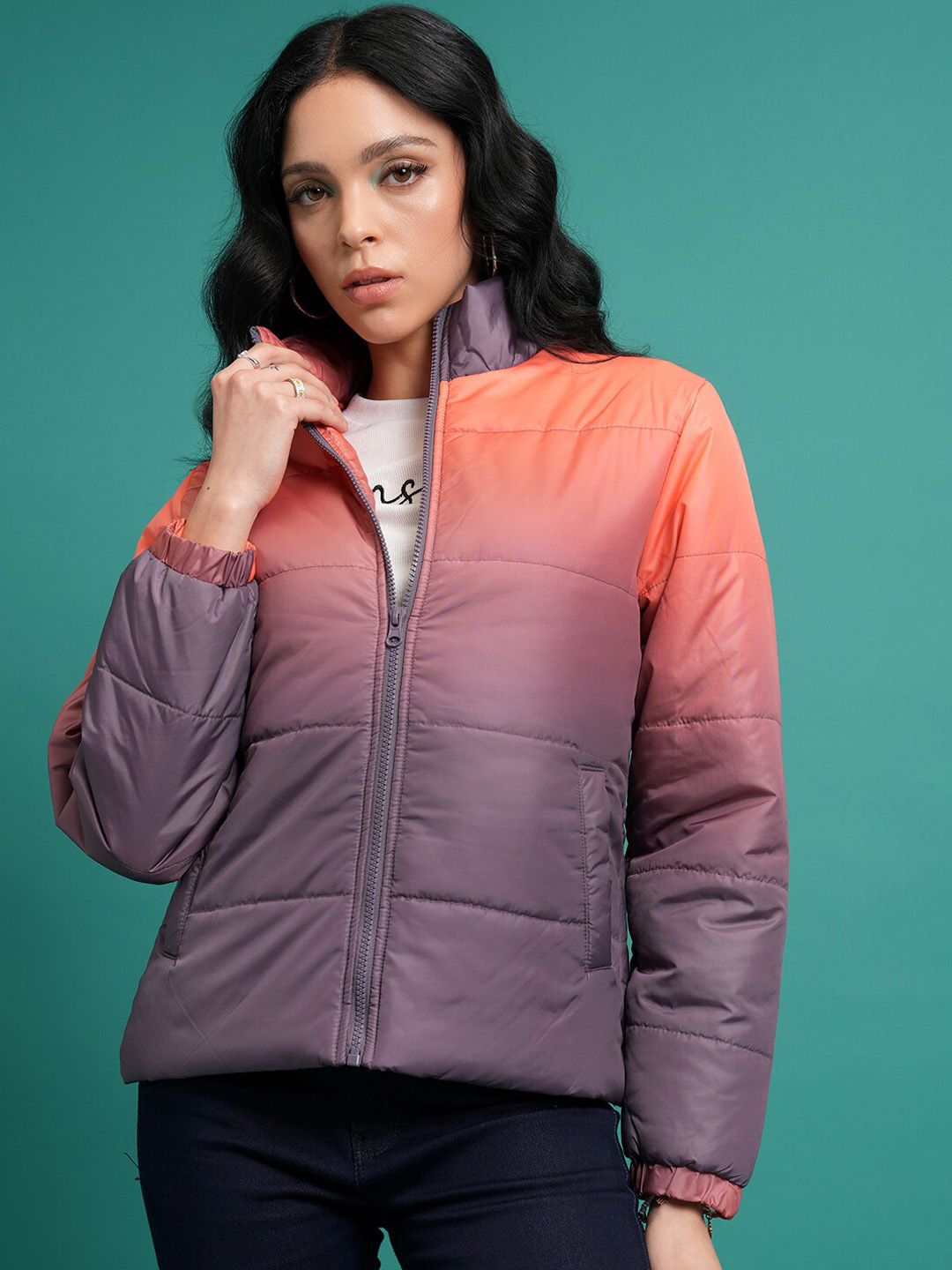 Tokyo Talkies Black & Orange-Coloured Colourblocked Mock Collar Puffer Jacket
