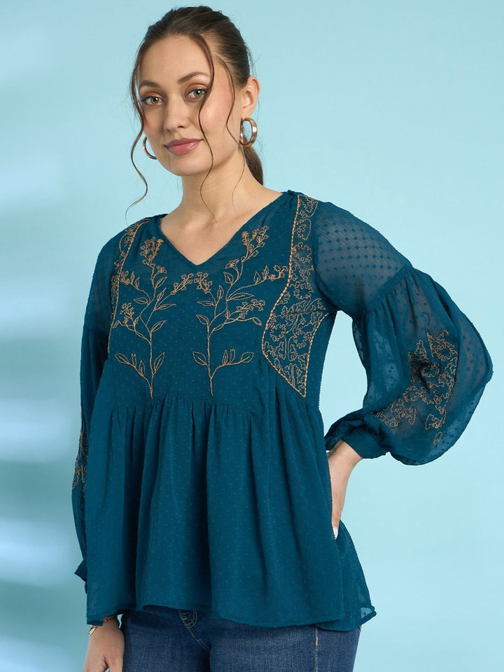 Antheaa Embroidered Bell Sleeve Chiffon Top
