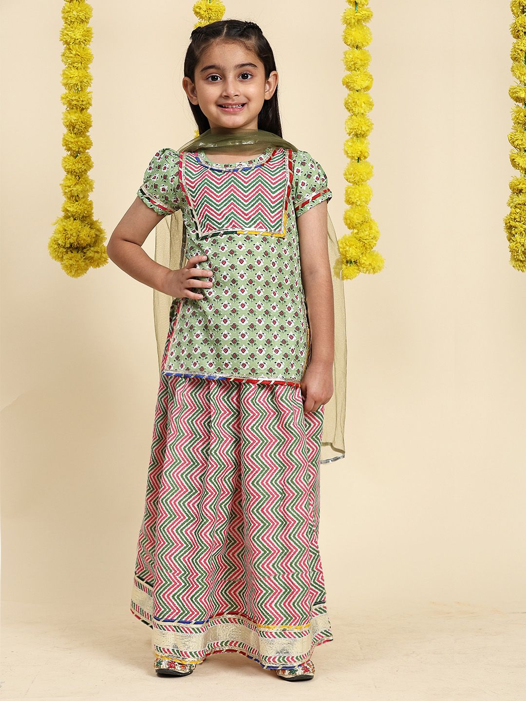 Cutiekins Girls Floral Printed Gotta Patti Pure Cotton Straight Kurta With Skirt & Dupatta