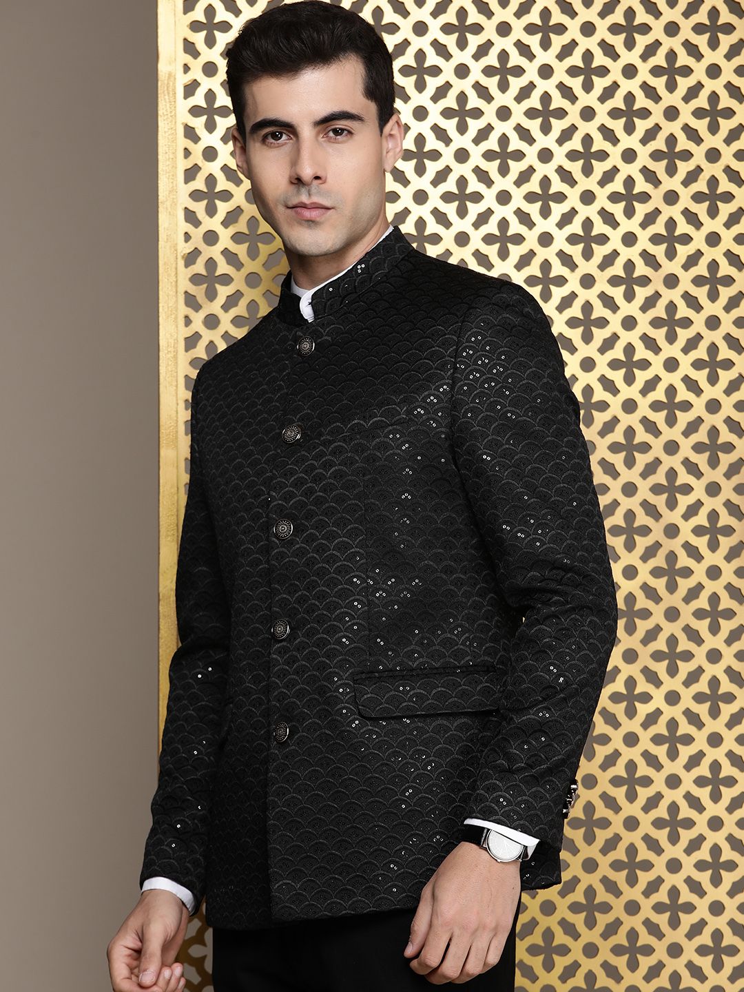 House of Pataudi Self Design Sequinned Mandarin Collar Bandhgala Jashn Blazers