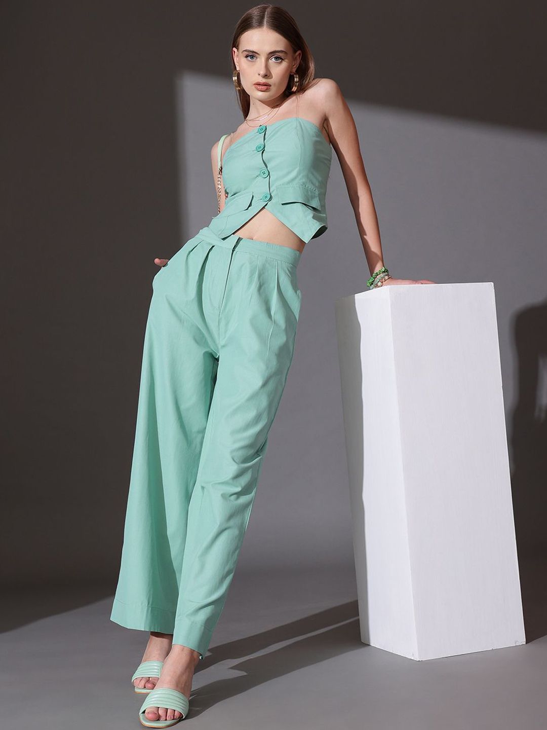 STREET 9 Solid Off Shoulder Pure Cotton Top & Trousers Co-Ord Set
