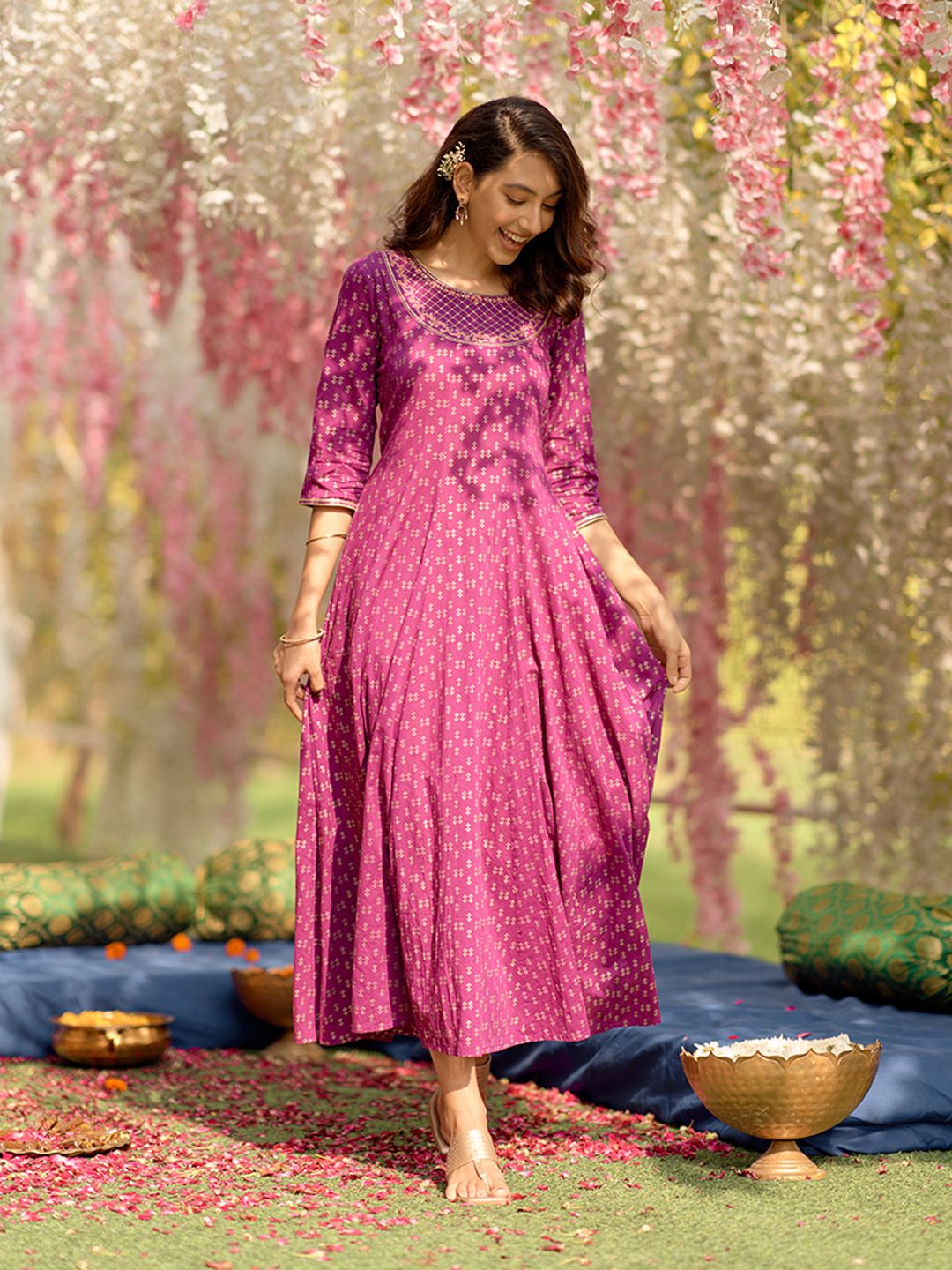 AURELIA Ethnic Motifs Printed Flared Pure Cotton A-Line Maxi Dress