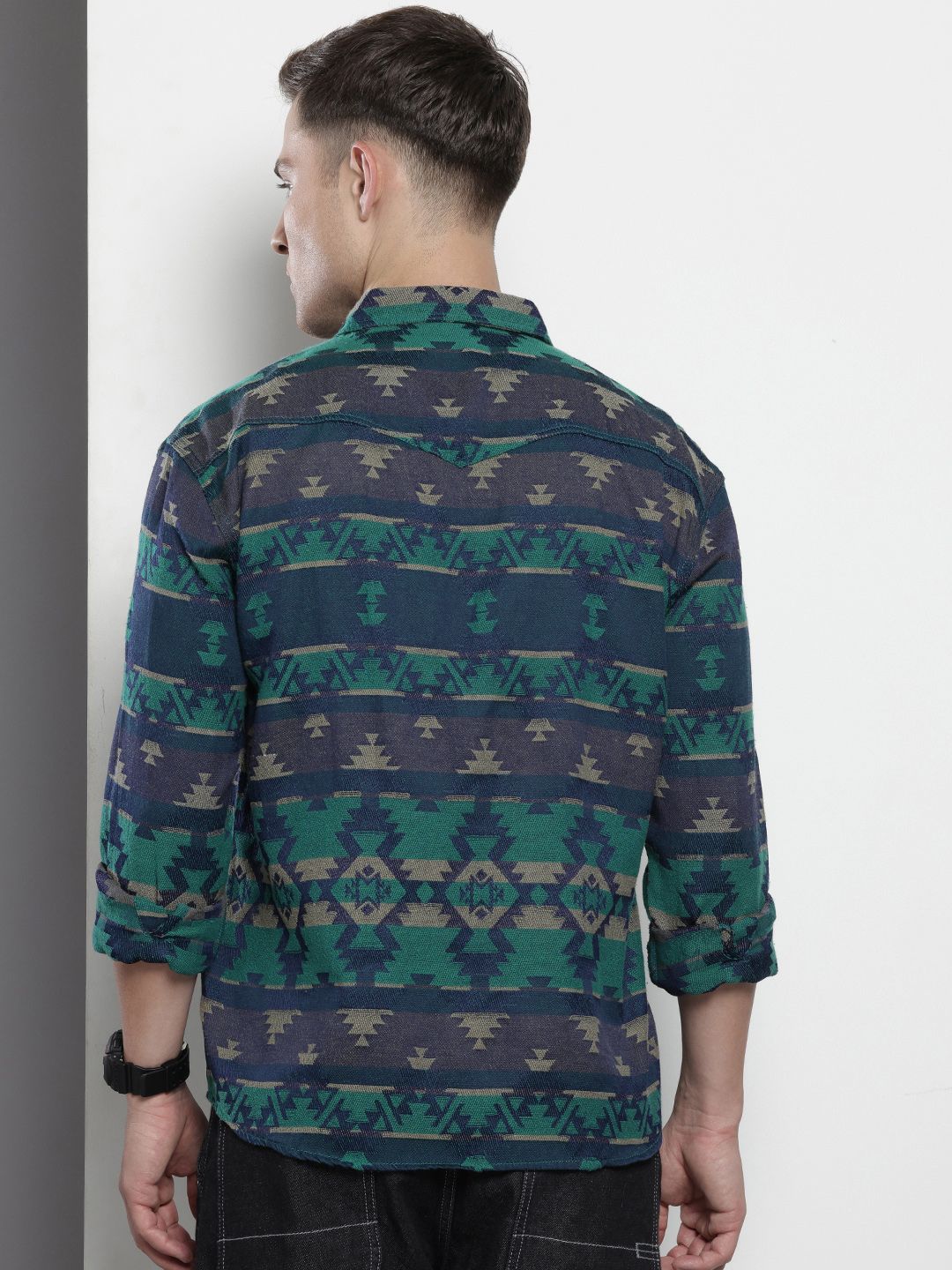 The Indian Garage Co Self Design Geometric Jacquard Relaxed Fit Shirt