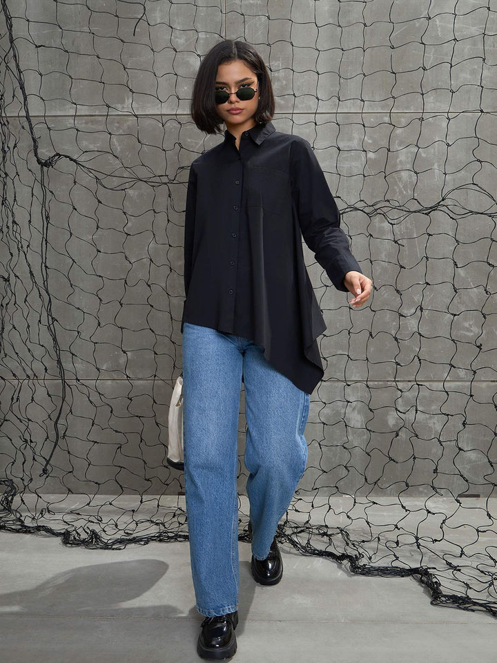 SASSAFRAS Women Relaxed Oversized Fit Spread Collar Solid Cotton Casual Shirt