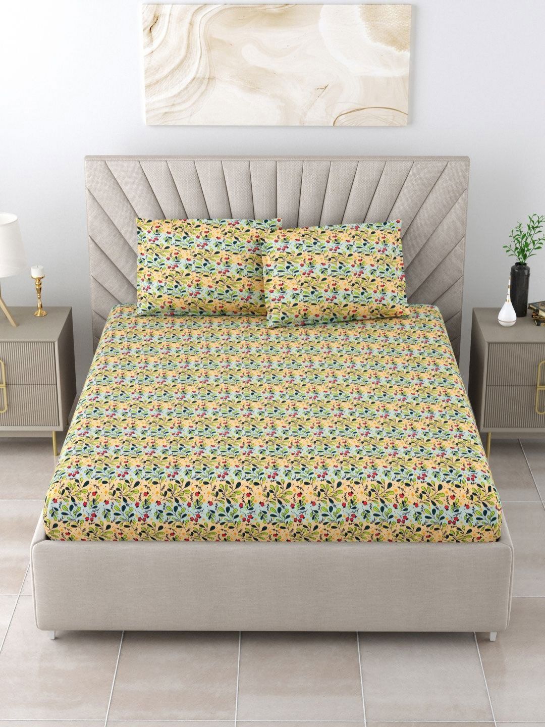 BOMBAY DYEING Dream Lover Green Floral 104 TC Cotton Queen Bedsheet Set-2.24 m X 2.54 m