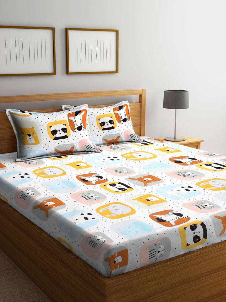 KLOTTHE Kids White & Yellow Printed 300 TC Double King Bedsheet With 2 Pillow Covers
