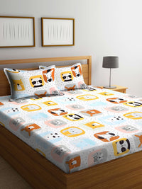 KLOTTHE Kids White & Yellow Printed 300 TC Double King Bedsheet With 2 Pillow Covers