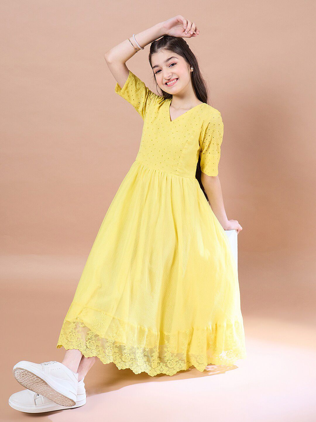 pspeaches Girls Cotton V-Neck Short Sleeves Fit & Flare Midi Dress