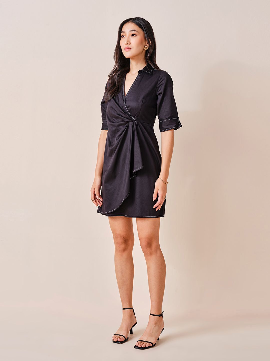 AND Solid Shirt Collar Neck Wrap Dress
