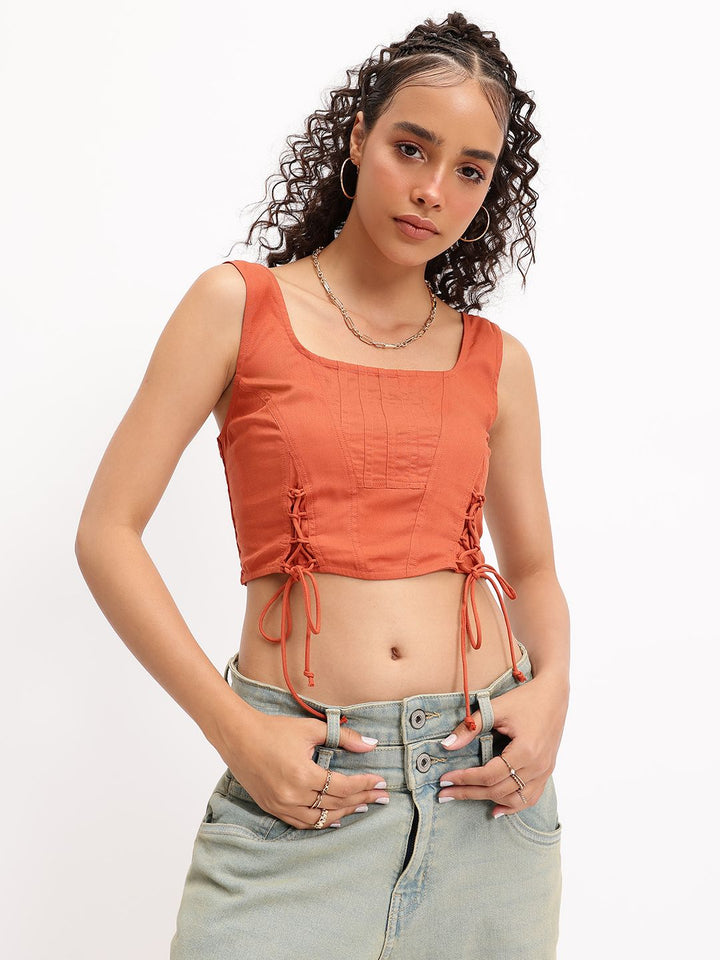 DressBerry Terracotta Tones Lace-Up Luxe Corset style Fitted Crop Top