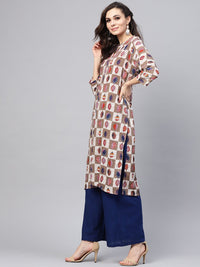SOJANYA Kurta Lurus Bercetak Taupe & Putih