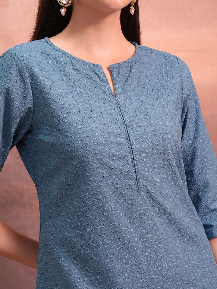 Vishudh Blue Floral Embroidered Notched Neck Straight Kurta