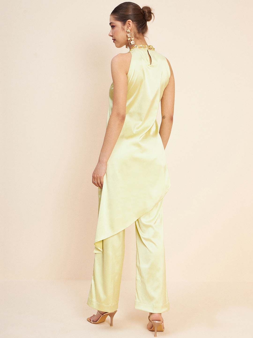 Antheaa Beads & Stones Asymmetrical Fusion Top With Palazzos