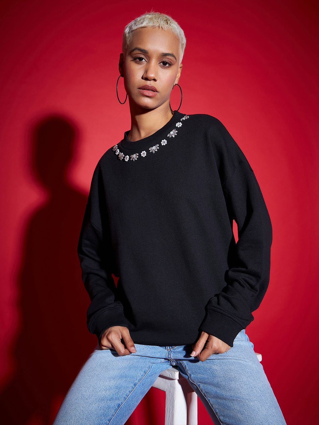 SASSAFRAS Black Floral Embellished Round Neck Cotton Pullover Sweatshirt
