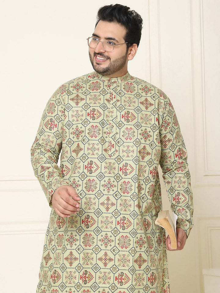 SOJANYA PLUS Ethnic Motifs Printed Band Collar Straight Cotton Linen Kurta