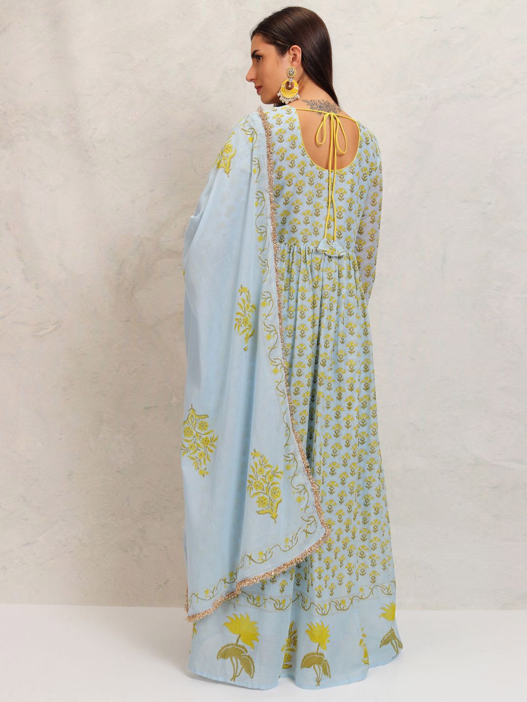 Vishudh Blue Floral Printed Mirror Work Pure Cotton Anarkali Kurta With Trousers & Dupatta