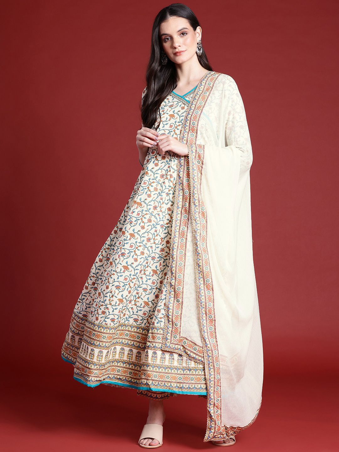 Anouk Ethnic Motifs Print Angrakha Kurta with Trousers & Dupatta