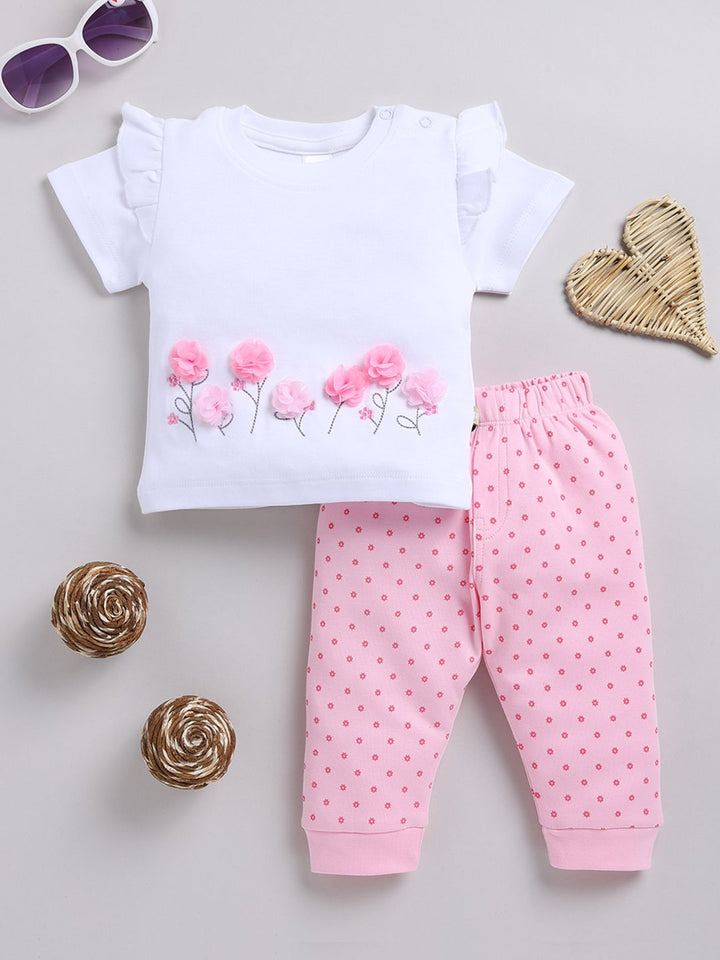 Moms Love Infant Girls Pure Cotton Self Design Top With Joggers