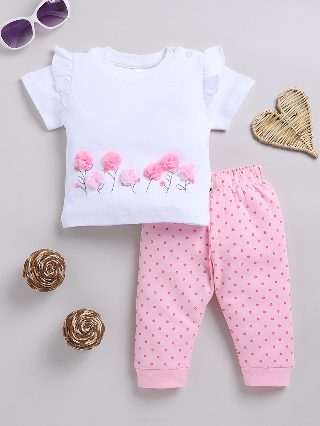 Moms Love Infant Girls Pure Cotton Self Design Top With Joggers