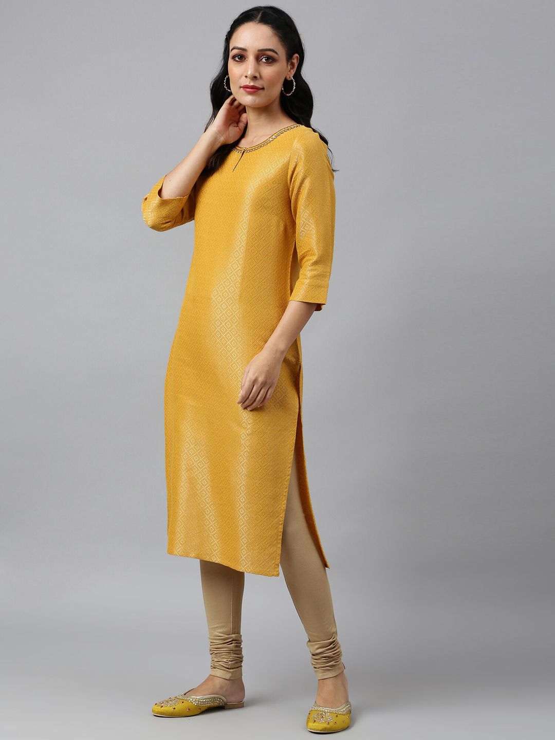 W Women Yellow Keyhole Neck Thread Work Asymmetric Kurta
